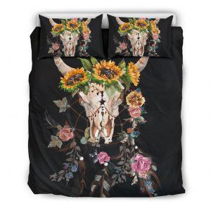Cow head skull with Dreamcatcher and Sunflower bedding set queen