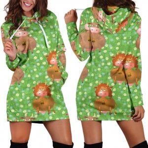 Cows Grazing Green Grass Hoodie Dress