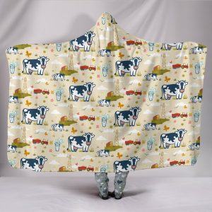 Farm Life with Dairy Cow, Tractor and Pasture Hooded Blanket