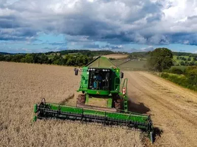 Green Tractor harvesting in a field